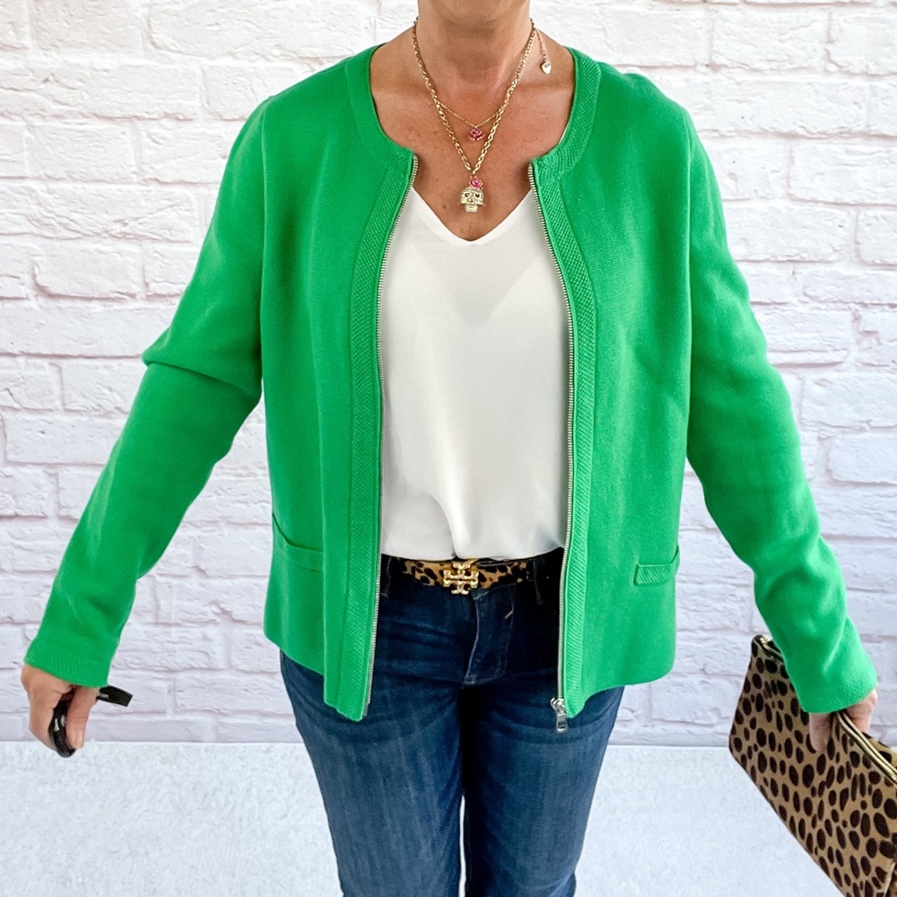 Talbots Bright Green zip up Knit Blazer size S professional classic